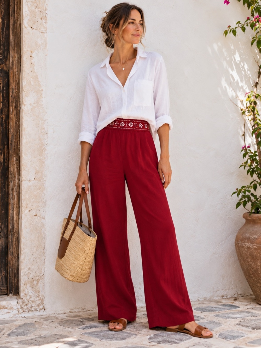 Red Linen Blend Embroidered Waist Wide Leg Pants – Size 8 Tall